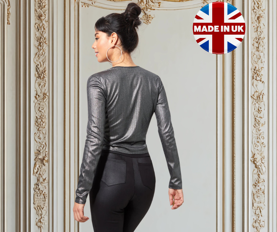 City Goddess Metallic Ribbed V-Neck Cropped Top with Drawstring – Long Sleeve Partywear