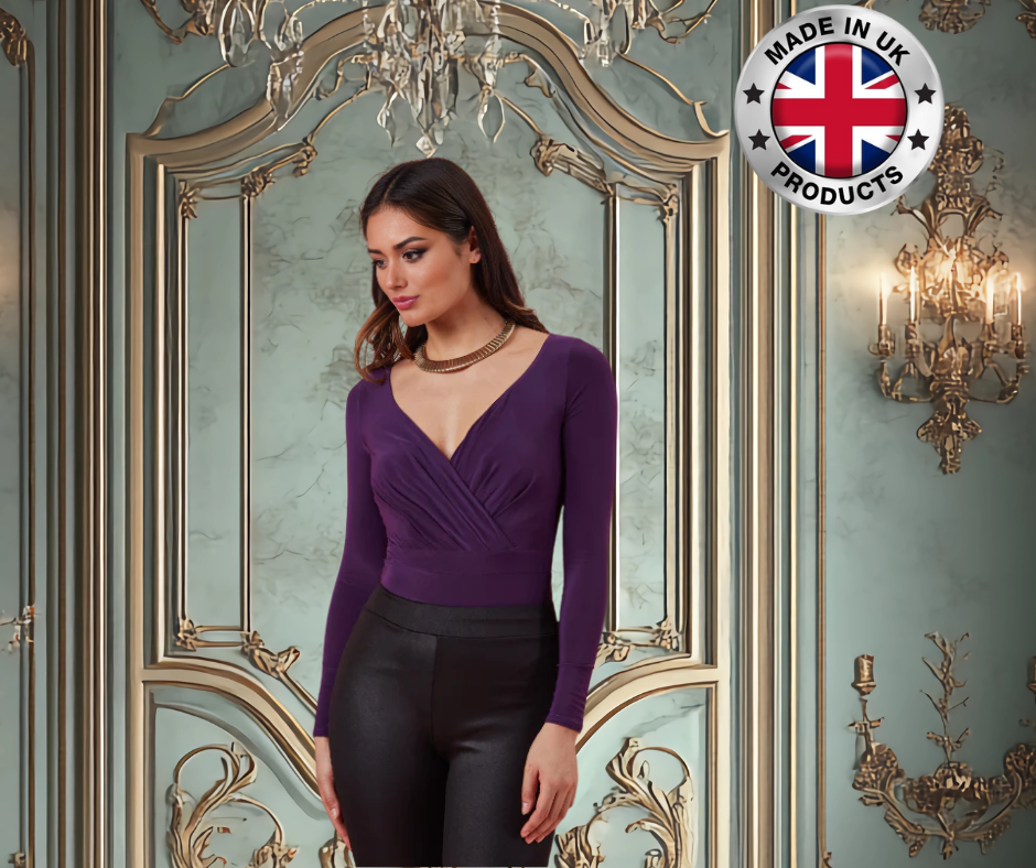 Goddiva Long Sleeve Wrap Bodysuit – Plunge V-Neck Soft Touch | Made in UK