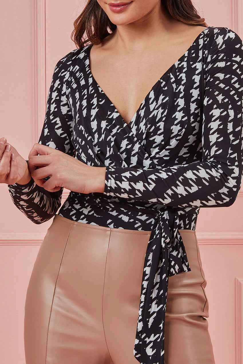 City Goddess Monoprint Wrap Bodysuit β Long Sleeve, V-Neck, Elegant & Stylish