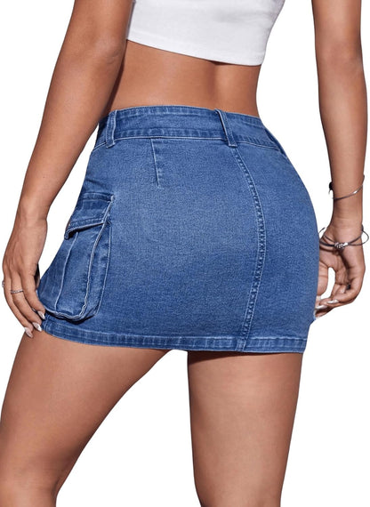 Women'S High Waisted Mini Denim Skirt Zip up Cargo Skirt Sexy Y2K Short Bodycon Skirts with Pockets