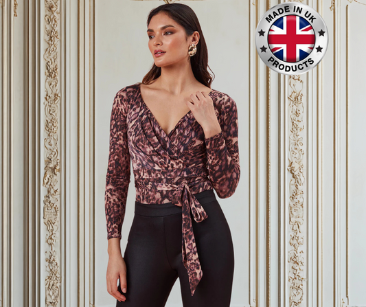 City Goddess Leopard Print Wrap Bodysuit – Long Sleeve V-Neck with Waist Belt