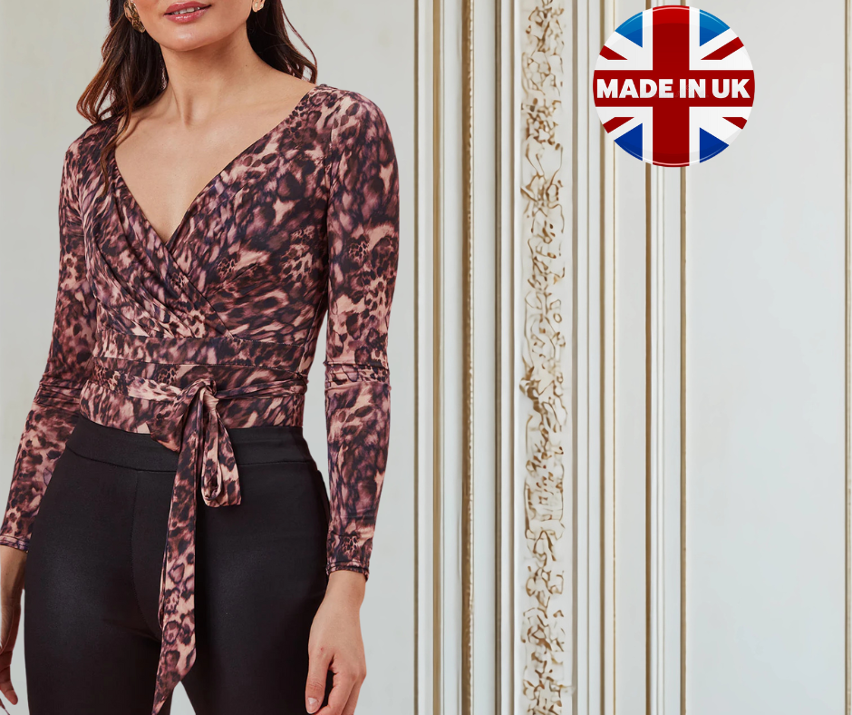City Goddess Leopard Print Wrap Bodysuit – Long Sleeve V-Neck with Waist Belt