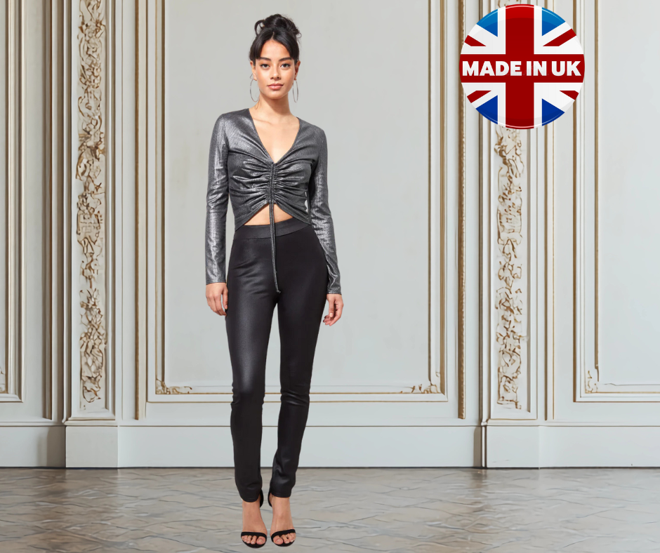 City Goddess Metallic Ribbed V-Neck Cropped Top with Drawstring – Long Sleeve Partywear