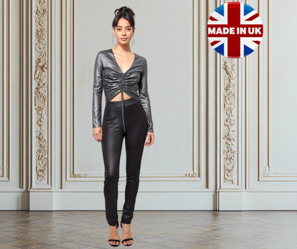 City Goddess Metallic Ribbed V-Neck Cropped Top with Drawstring – Long Sleeve Partywear