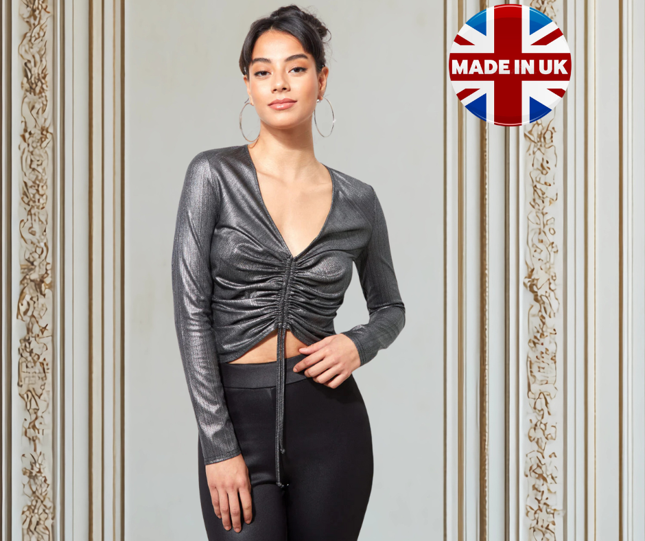City Goddess Metallic Ribbed V-Neck Cropped Top with Drawstring – Long Sleeve Partywear