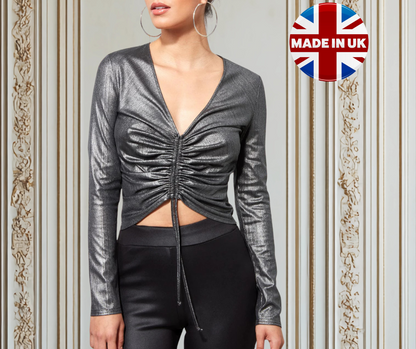 City Goddess Metallic Ribbed V-Neck Cropped Top with Drawstring – Long Sleeve Partywear