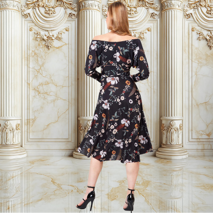 Elegant Long Sleeve Skater Midi Dress – V-Neck, Lace Back & Pleated Skirt
