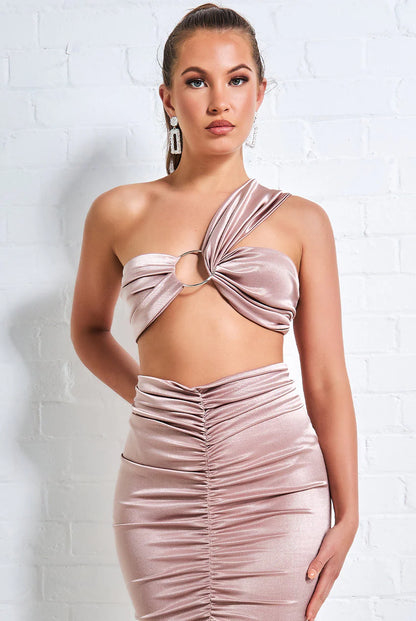 Goddiva One-Shoulder Ring Detail Bralette – Satin Twill Crop Top