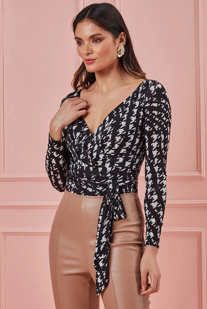 City Goddess Monoprint Wrap Bodysuit – Long Sleeve, V-Neck, Elegant & Stylish