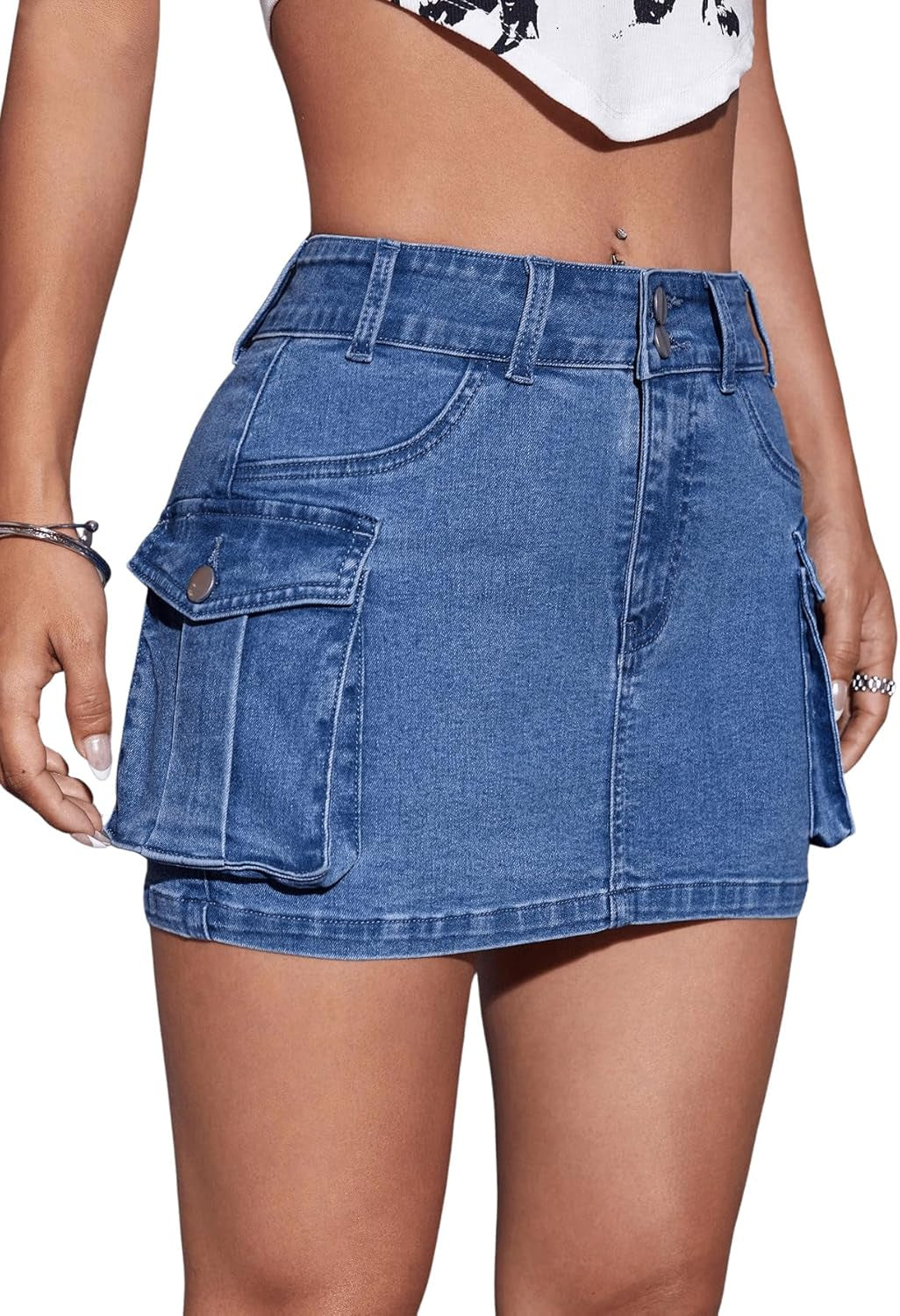 Women'S High Waisted Mini Denim Skirt Zip up Cargo Skirt Sexy Y2K Short Bodycon Skirts with Pockets