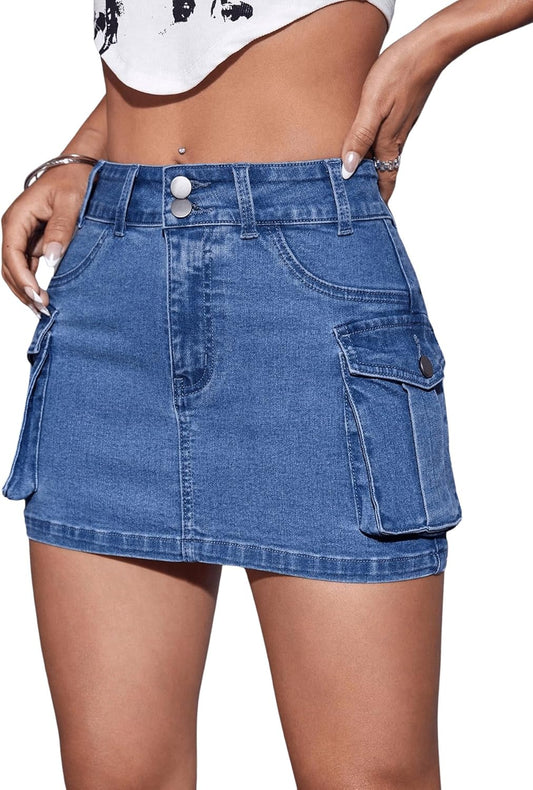 Women'S High Waisted Mini Denim Skirt Zip up Cargo Skirt Sexy Y2K Short Bodycon Skirts with Pockets